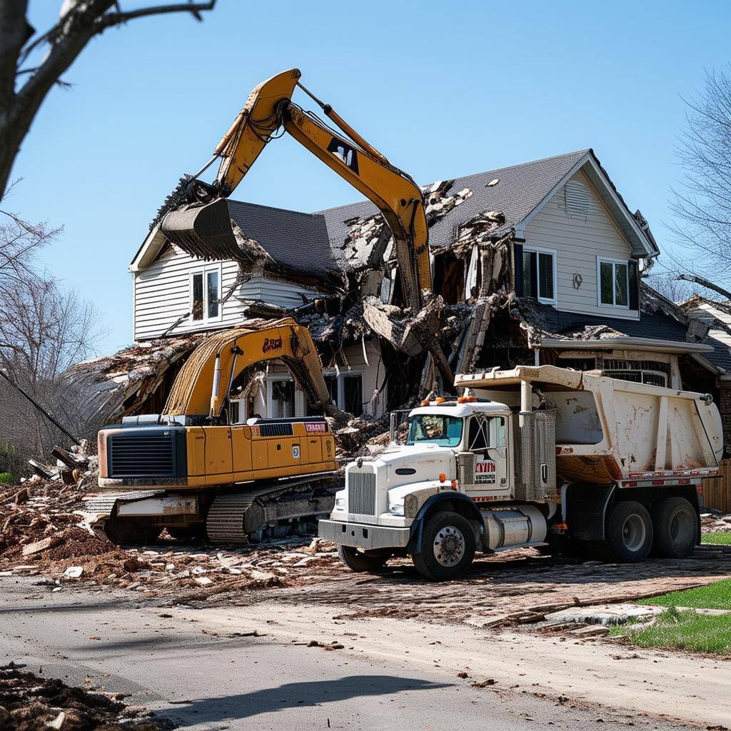 Demolition of home with large work trucks