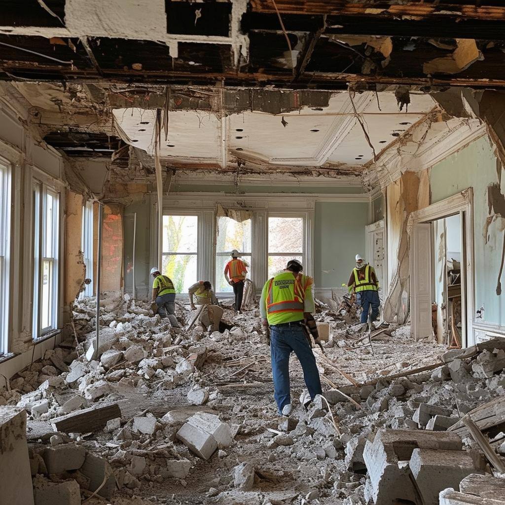 Demolition of interior of old residential building with a crew inside doing the work-3