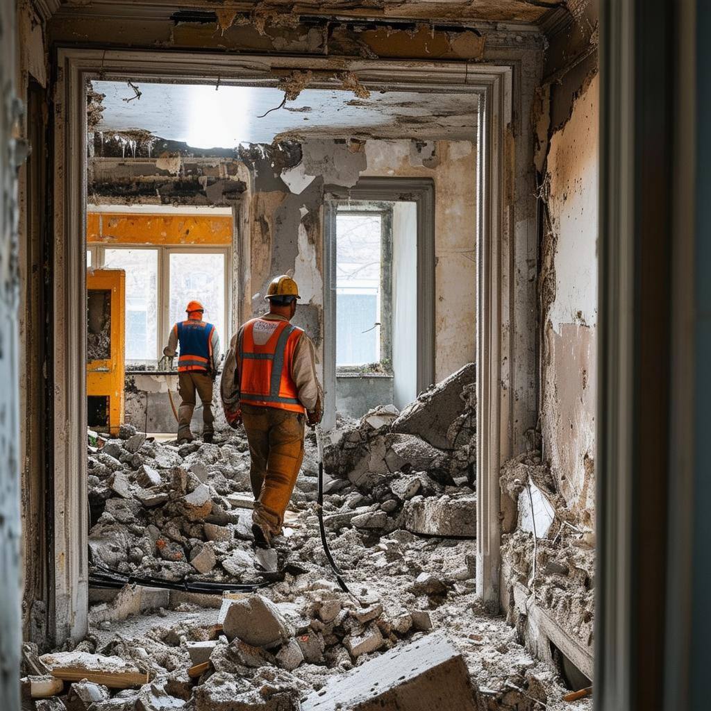 Demolition of interior of old residential building with a crew inside doing the work-4